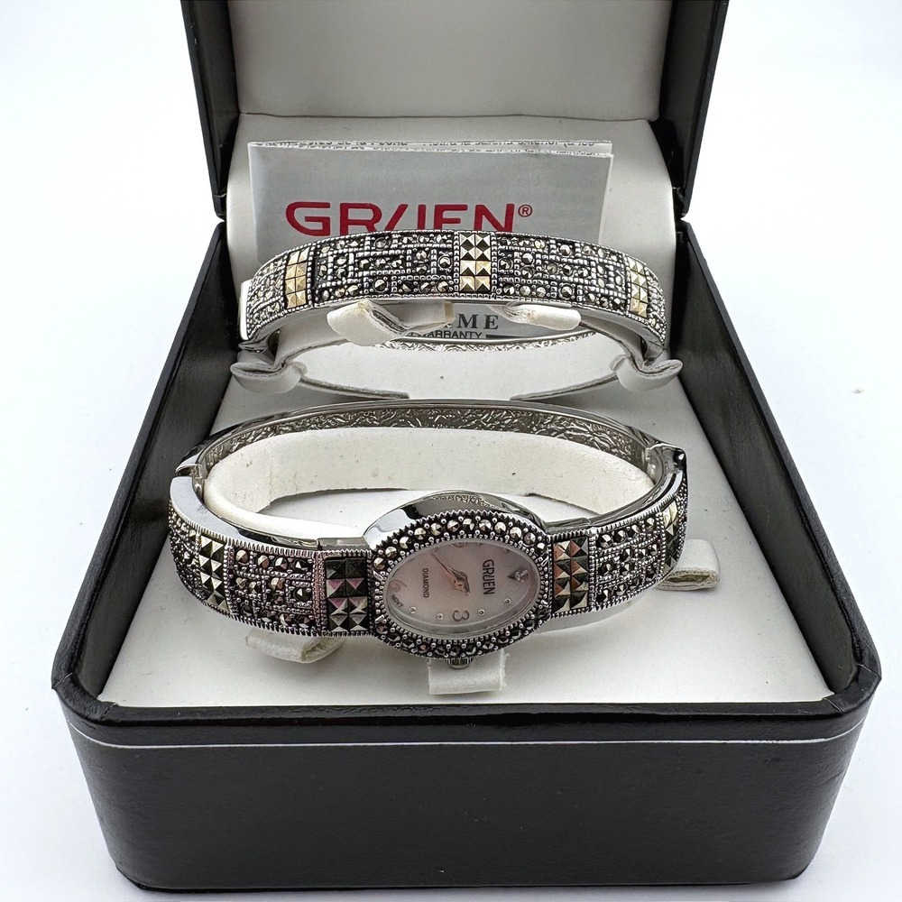 Gruen Womens Marcasite‎ Style Bangle Watch and Bracelet Set Diamond Accent